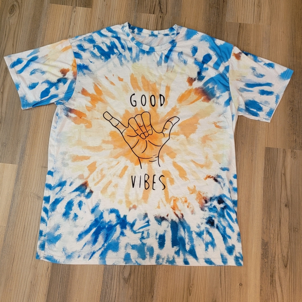 Mens Size  Large Blue and Orange Tye Dye Good Vibes T shirt
